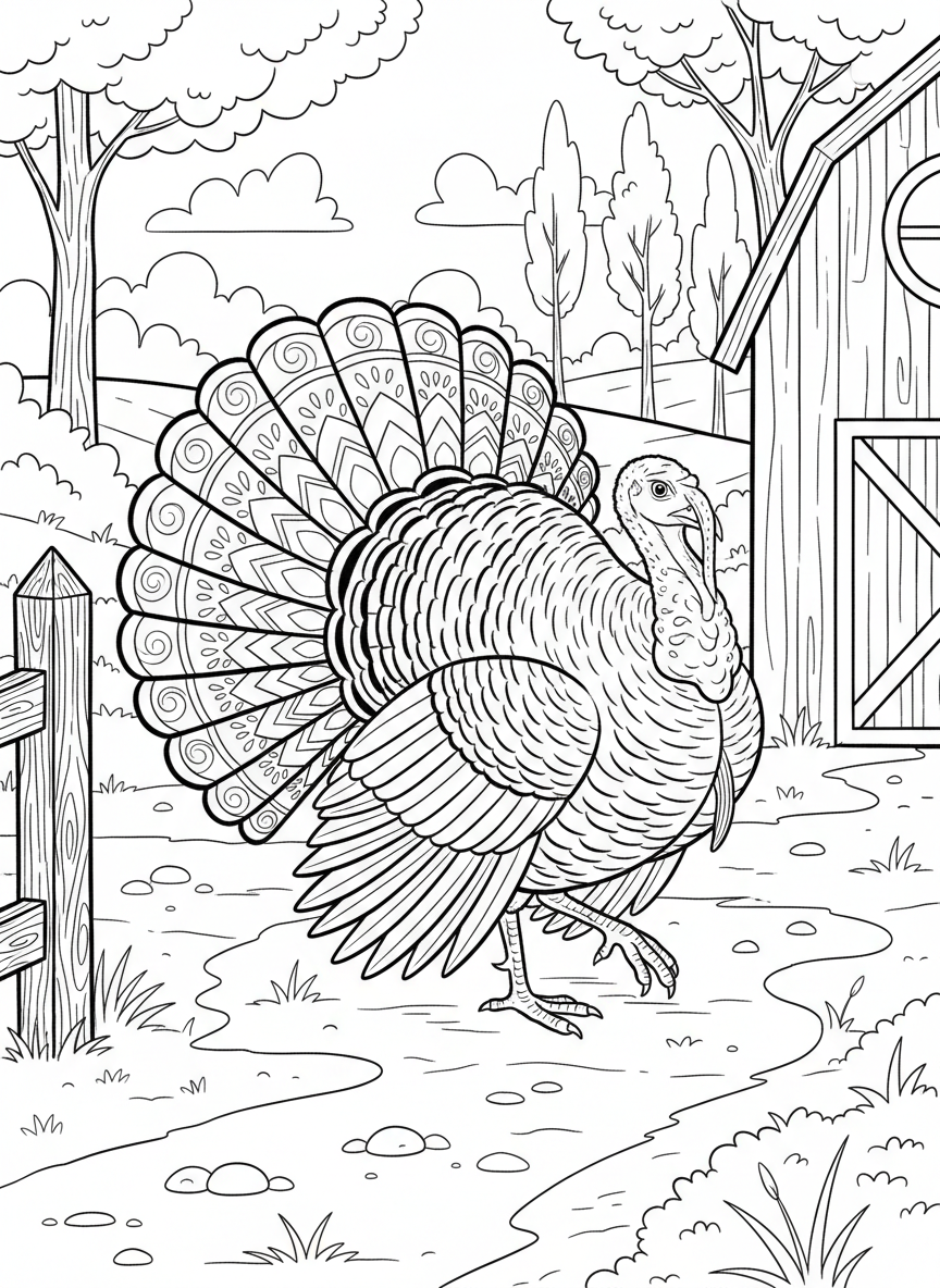 A turkey strutting across the farmyard with tail feathers spread wide, detailed feather patterns for older children to color.