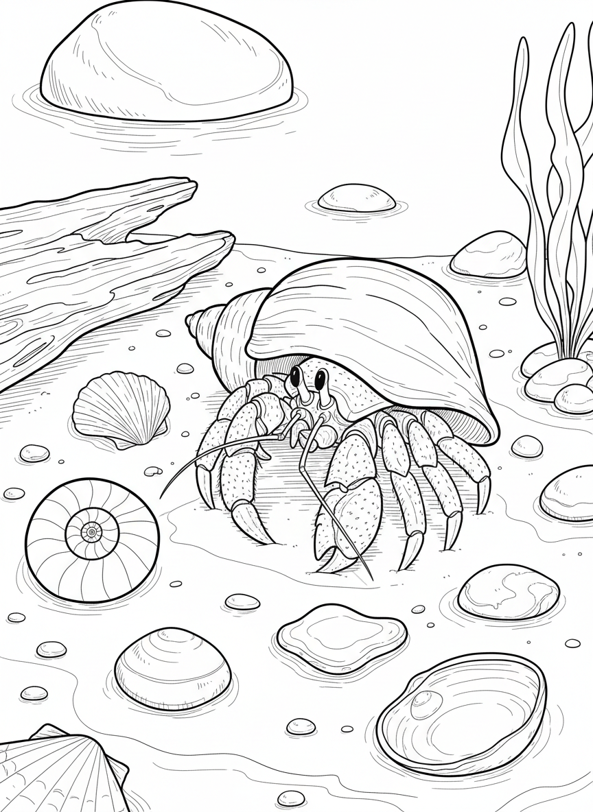 A hermit crab exploring a sandy tide pool bottom with scattered shells, sea glass, and small stones to choose from.
