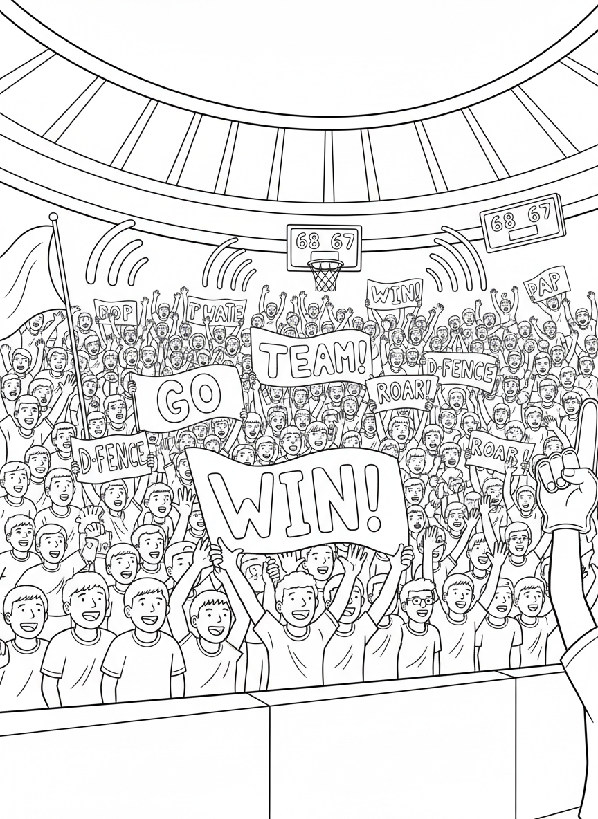 A roaring student section packed shoulder to shoulder, waving banners and handmade signs as chants echo off the walls during a tense late-game possession that feels impossibly important.