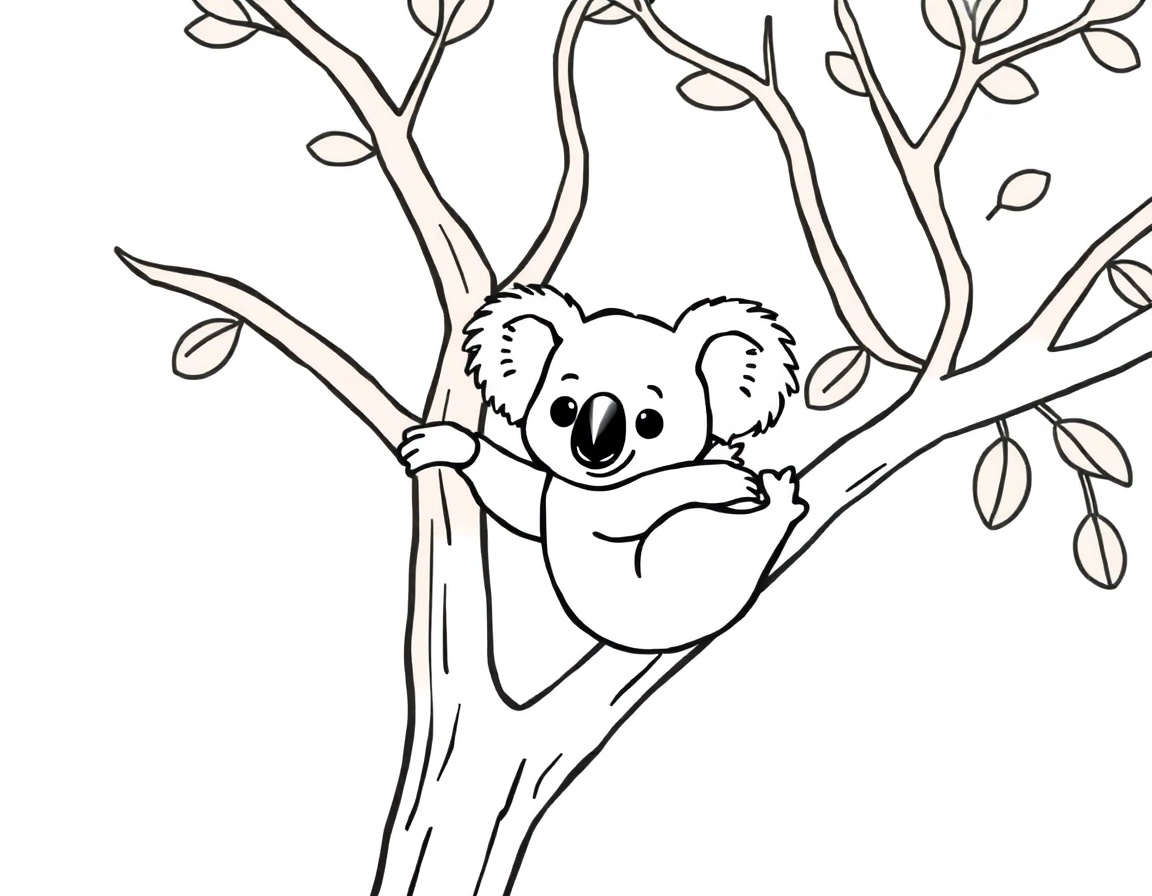 A koala clinging to a eucalyptus branch, blue sky overhead