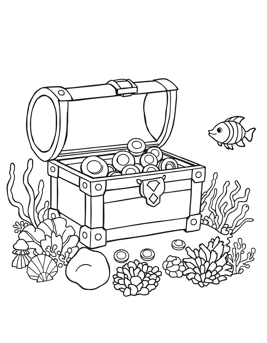 A treasure chest resting on the ocean floor surrounded by seashells, coral, and a friendly fish swimming nearby. The chest is open with gems and coins spilling out