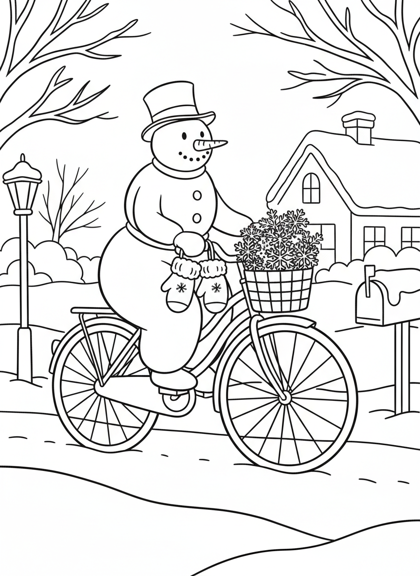 A snowman riding a bicycle through a snowy neighborhood, with a basket full of snowflakes and winter mittens on the handlebars.