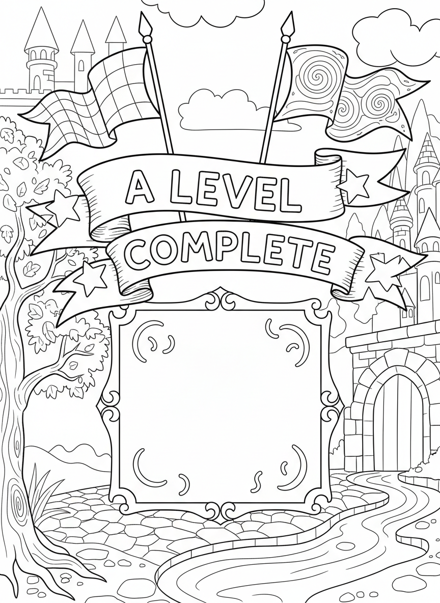 A level complete banner with stars above it, a flag on each side, and space in the middle for creative coloring patterns.