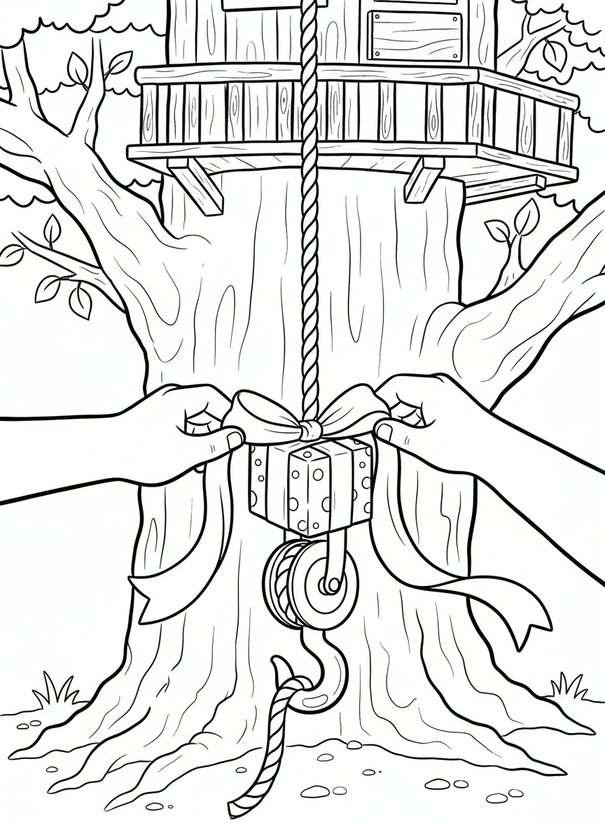 A close-up of children's hands tying a ribbon around a package before attaching it to a pulley hook to send up to the treehouse.