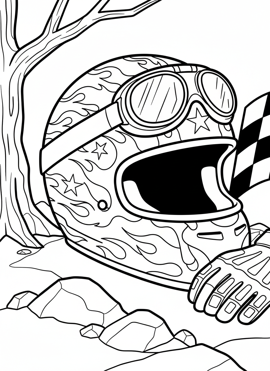 A close-up of a racing helmet decorated with flames and stars, with goggles and racing gloves beside it.