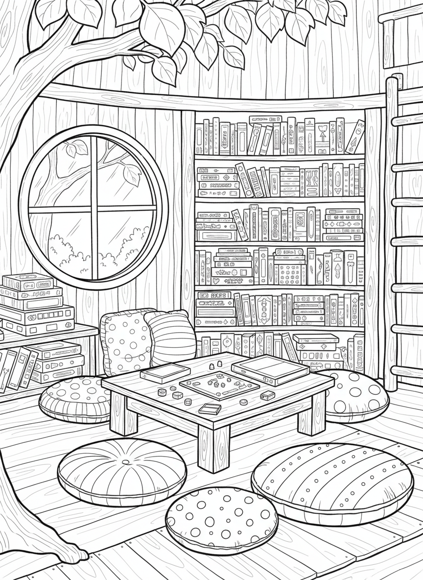 Treehouse game room with a small table, board games stacked on shelves, and floor cushions for seating.