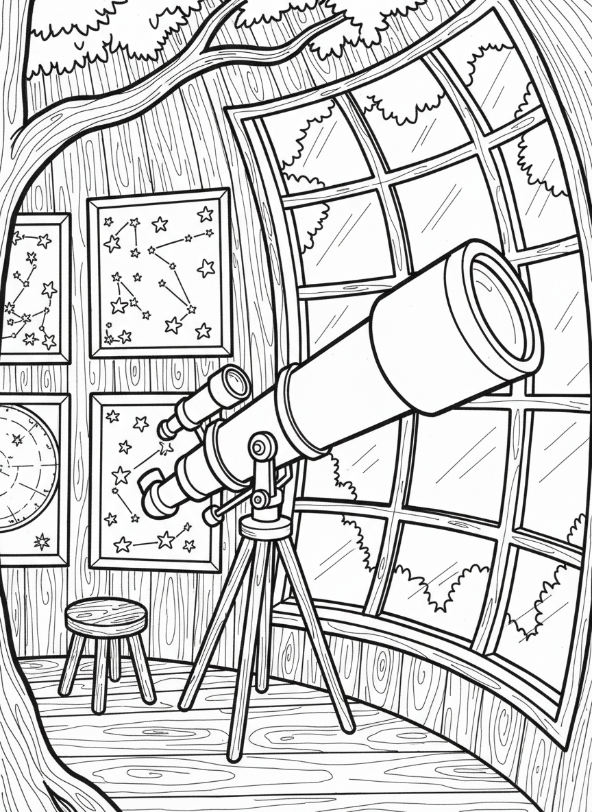 Treehouse telescope observatory with a telescope pointing out a large window, star charts on walls, and a stool.