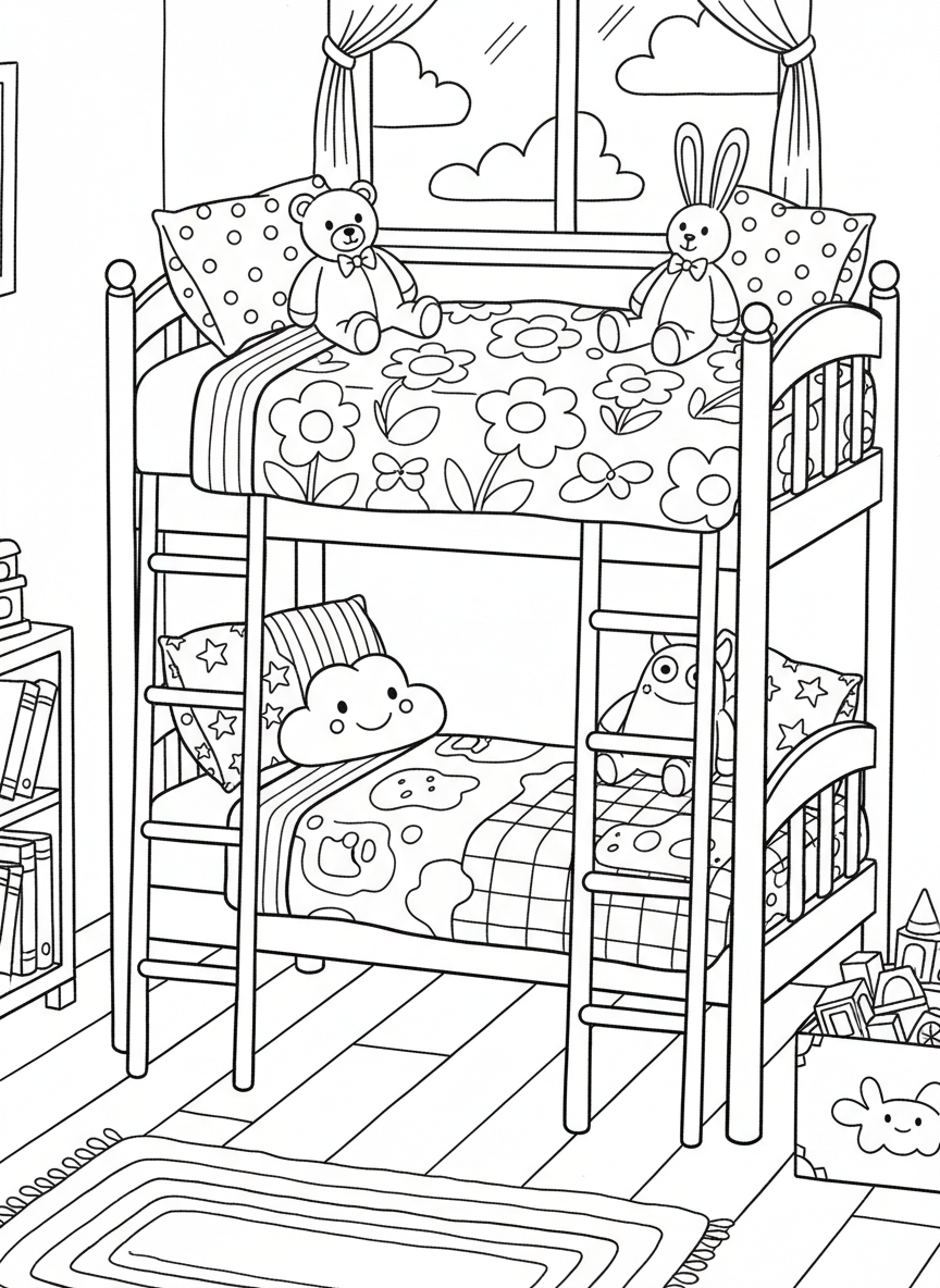 A playful bunk bed with a ladder, each bed made with different patterned quilts and stuffed animals on the pillows