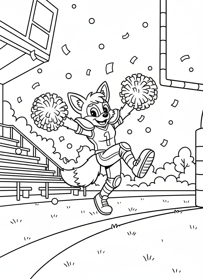 A cheerful mascot character holding pom-poms and doing a victory dance on the sidelines, with confetti falling around them.