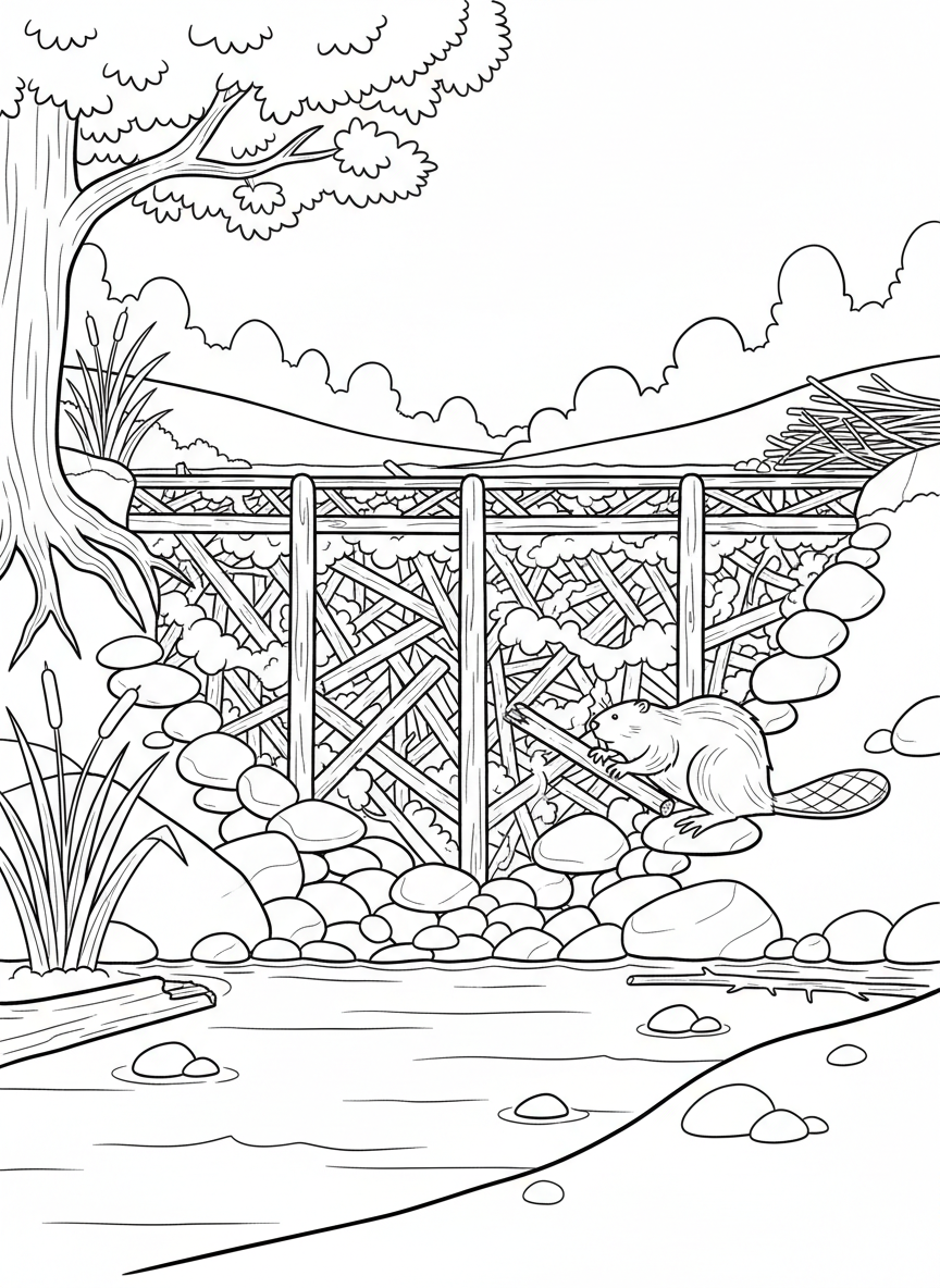 A detailed scene of a beaver dam cross-section showing the structure of sticks, mud, and stones with a beaver adding materials