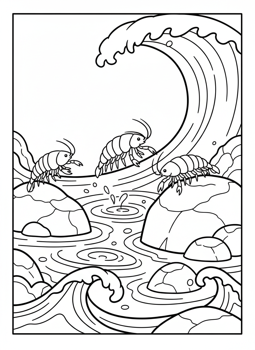 A group of three small amphipods jumping playfully between rocks, with simple wave patterns in the background.
