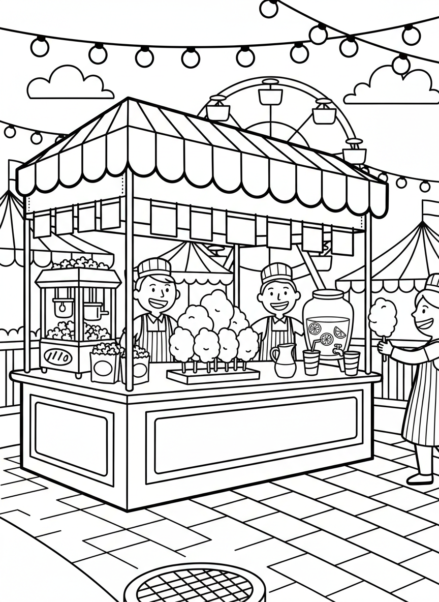A carnival food stand selling popcorn, cotton candy, and lemonade while strings of lights hang above the pathway.