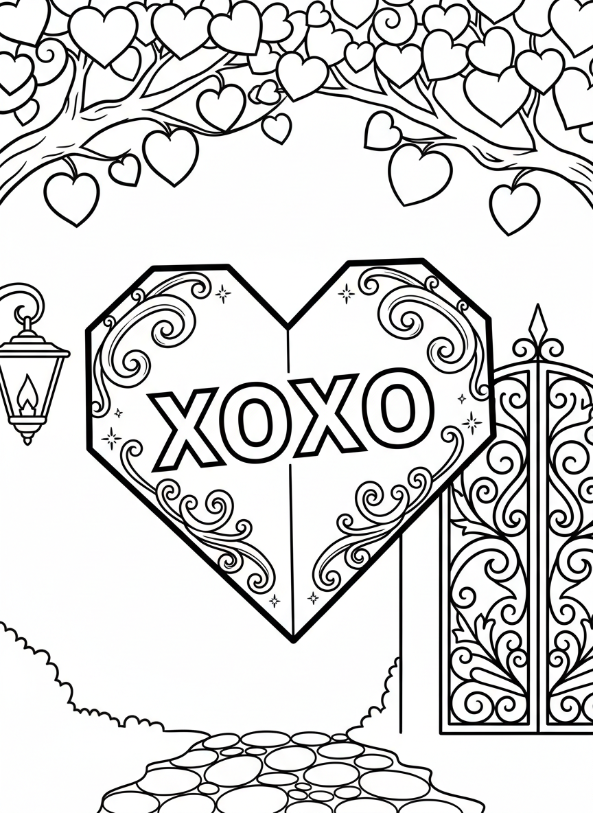 A folded paper love note in the shape of a heart with 'XOXO' written on it and decorative corner flourishes.