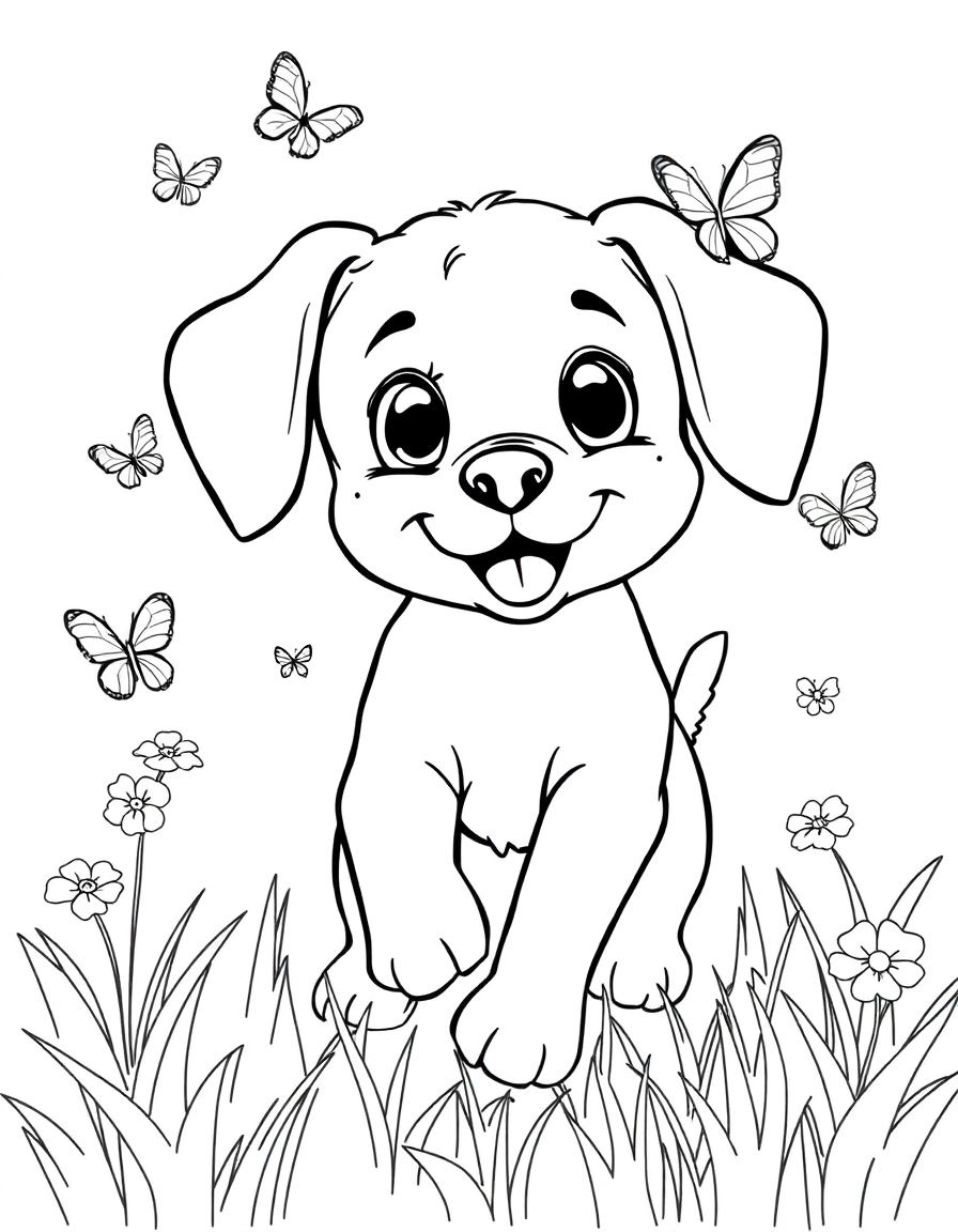 A playful puppy with floppy ears chasing butterflies through a meadow.