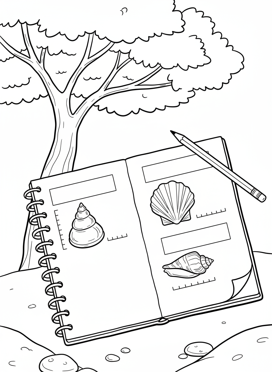 An open field notebook showing sketches of three different seashells with measurement rulers beside them and space for labels, clean outlines