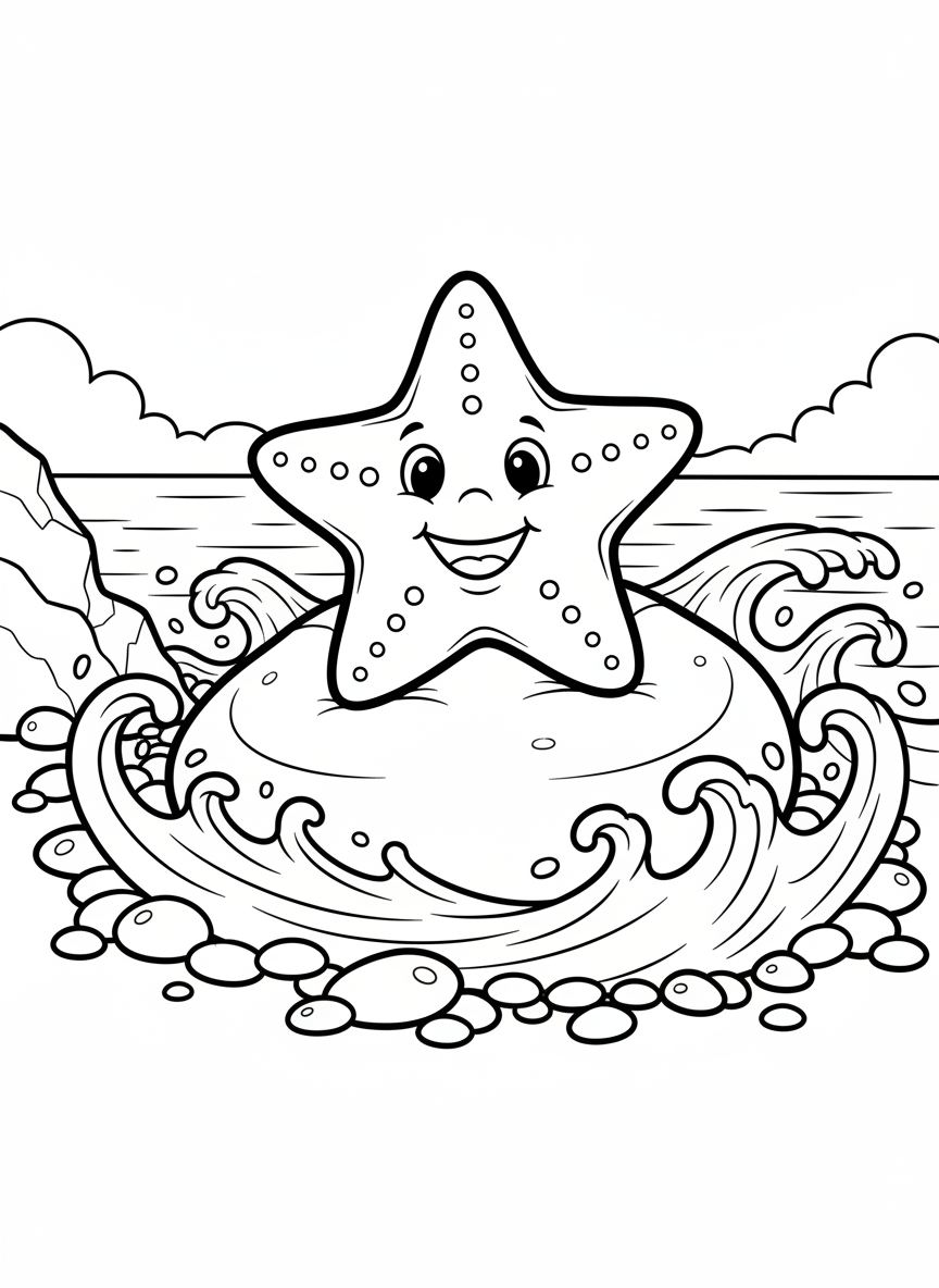 A cheerful starfish with five arms resting on a smooth rock, surrounded by small pebbles and gentle waves in the background, simple line art for young children