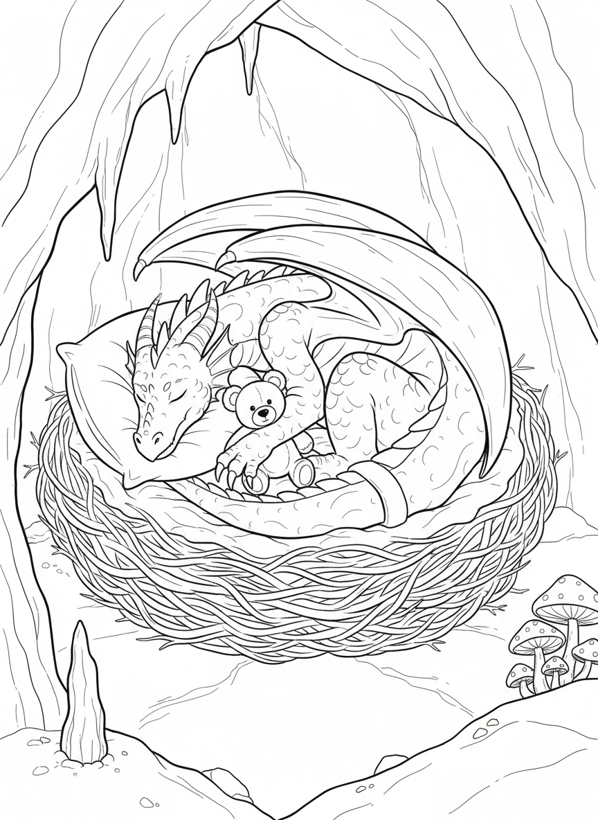 A sleepy dragon curled up in a cozy cave nest with a teddy bear, blanket, and pillow