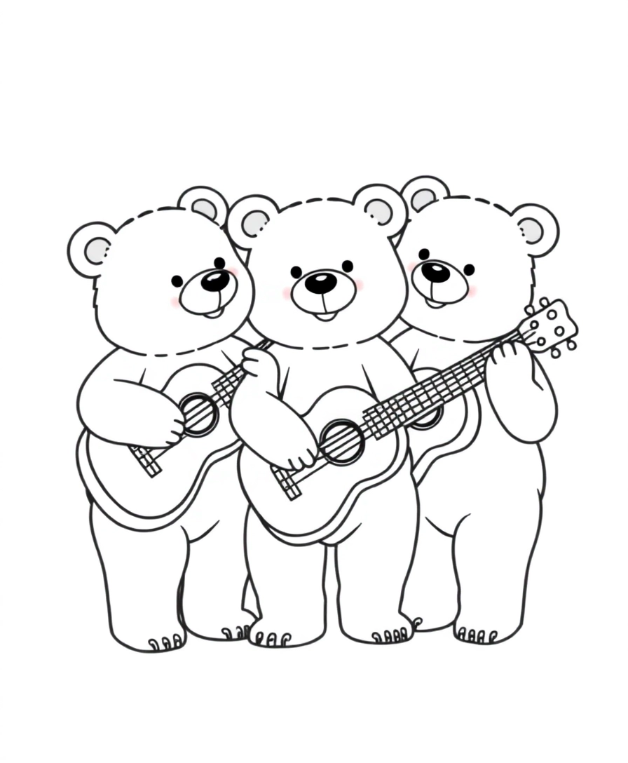 3 tiny bears playing the ukelele 