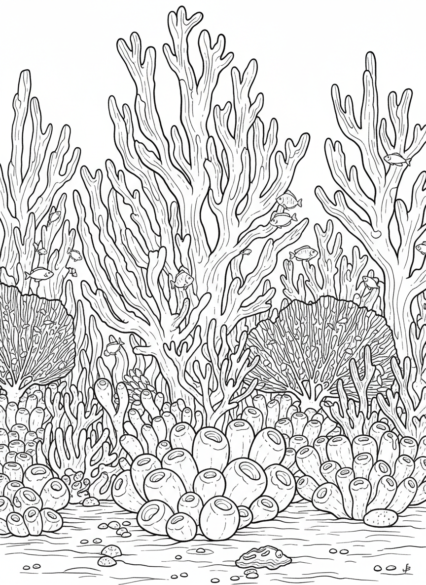 Underwater garden of soft corals in various shapes: branching, fan-shaped, and round, creating an ocean forest scene