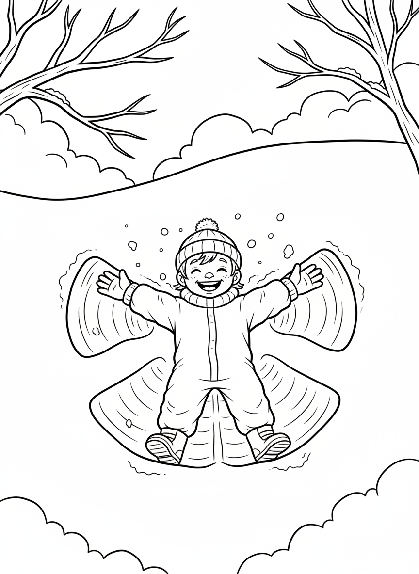 A snow angel impression in fresh snow with a smiling child lying in it, arms and legs spread wide