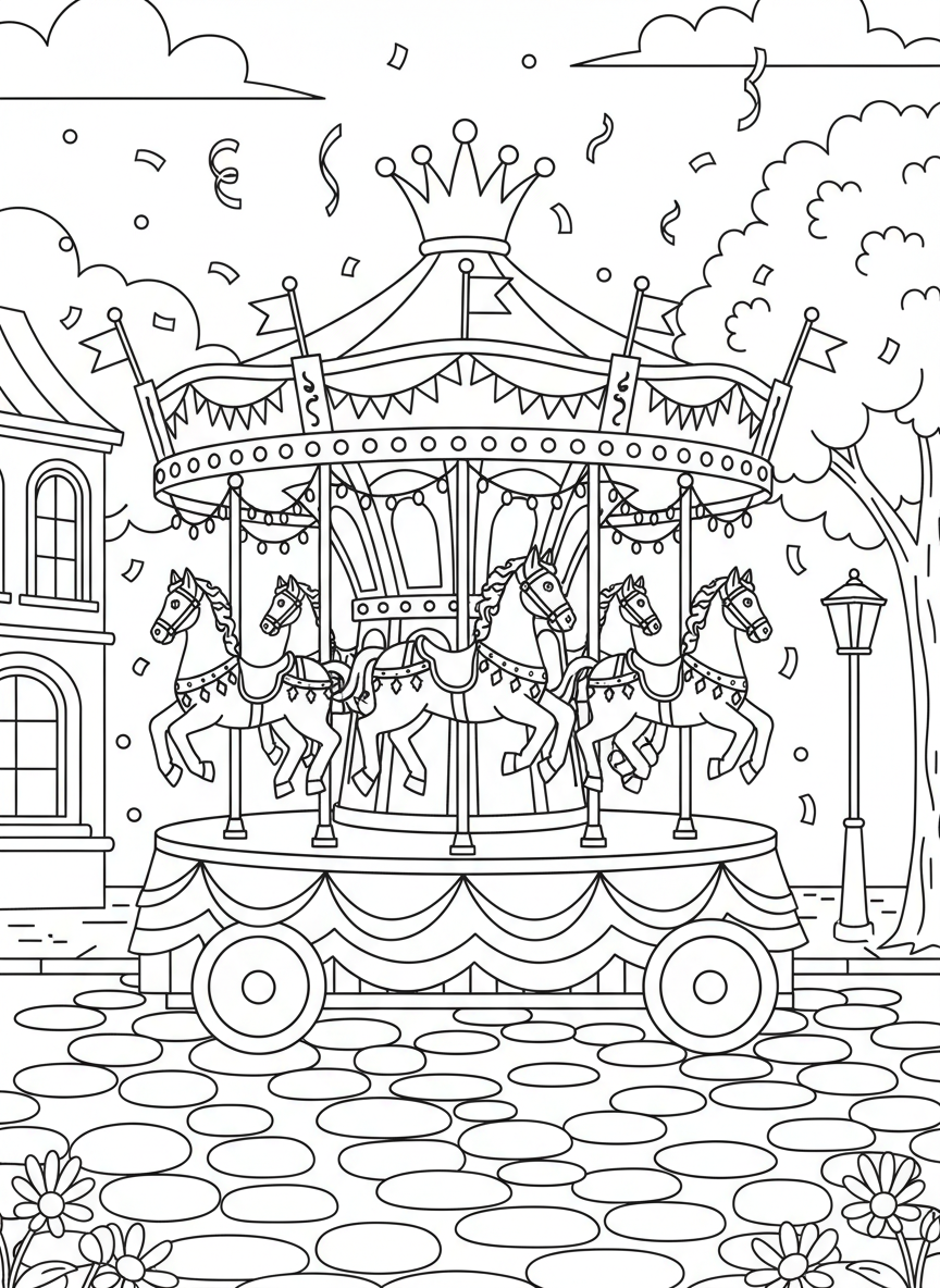 A festive parade float shaped like a carousel with horses, decorated with lights and banners.