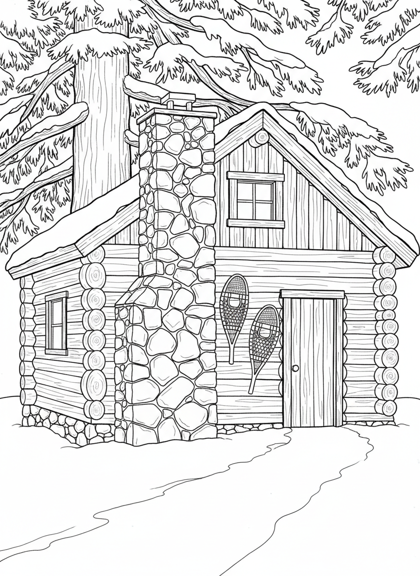 An Alaskan wilderness treehouse with log cabin construction, a stone chimney, and snowshoes hanging on the wall, built in a sturdy spruce tree.