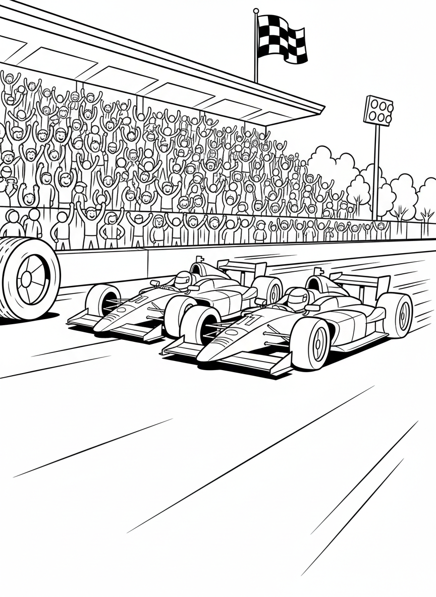 Indy 500 coloring page prompts capturing speed, tradition, roaring engines, packed grandstands, and legendary race moments.	A dramatic pass on the straightaway, one car slipping ahead by inches as fans leap to their feet in the grandstands.