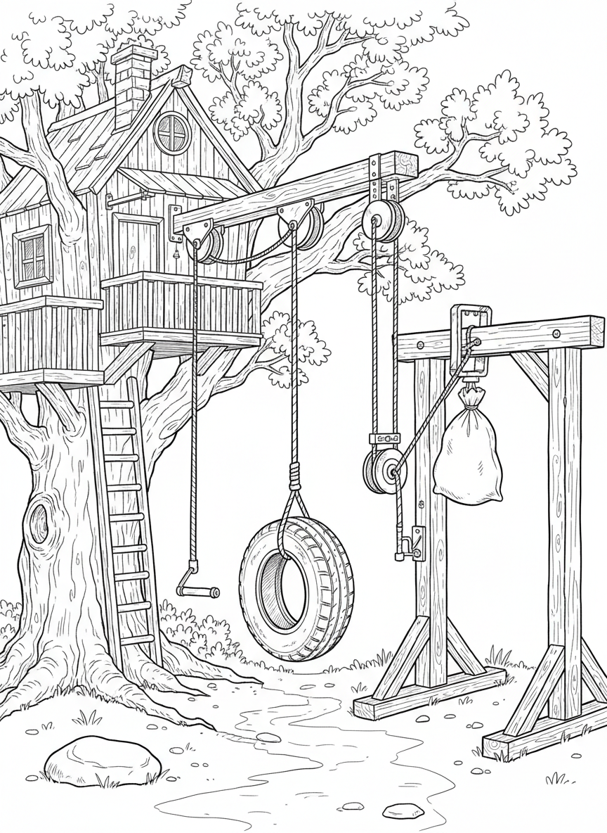 A tire swing attached to a pulley rope system near a treehouse, showing the engineering of the setup.