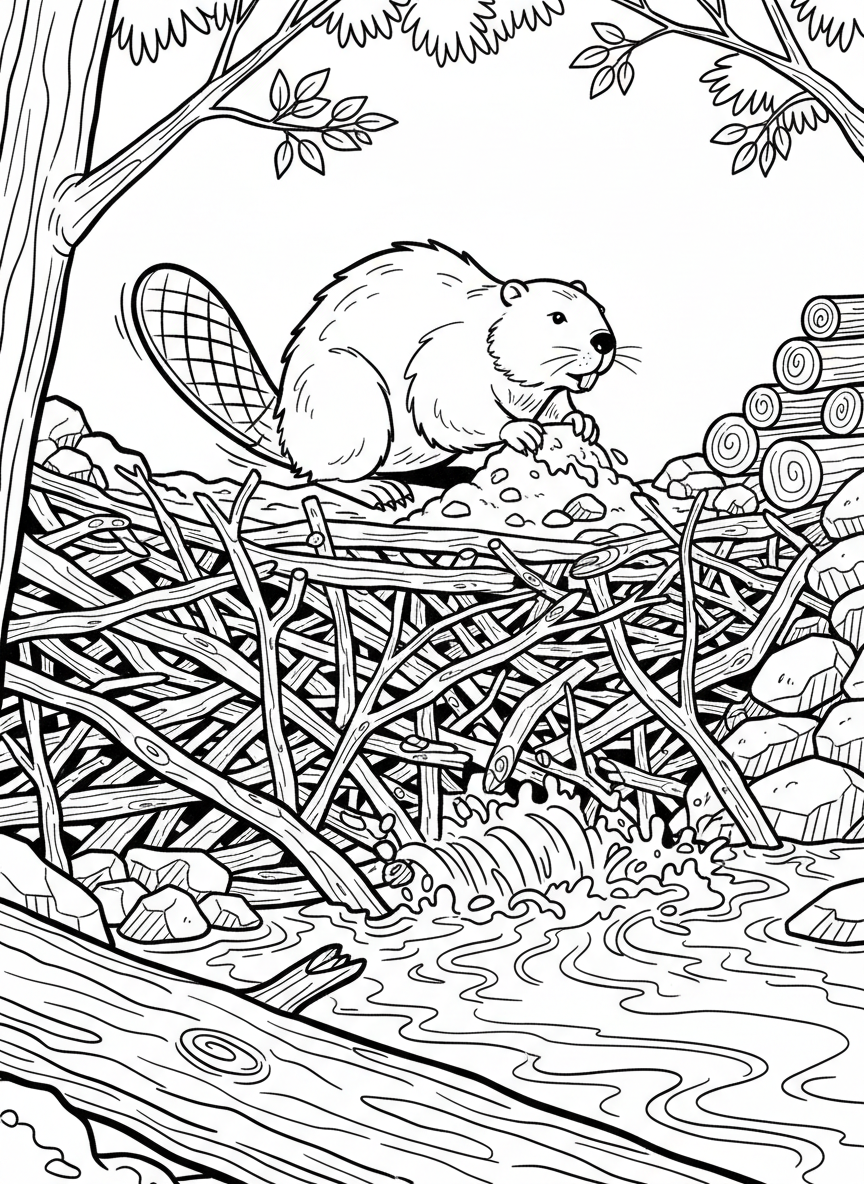 A beaver using its tail to pat down mud on a dam, detailed dam structure with interwoven sticks and branches