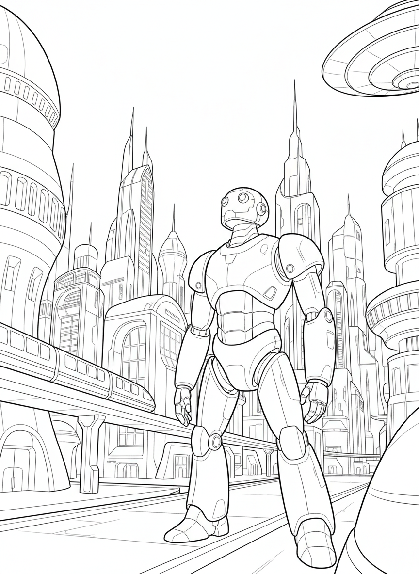 A robot exploring a futuristic city filled with clean streets, advanced transportation, and innovative buildings.
