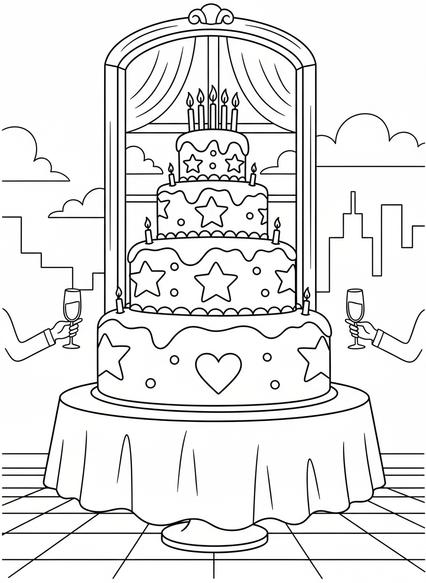 A large celebration cake with multiple tiers, decorated with stars, hearts, and candles on top, detailed dessert illustration