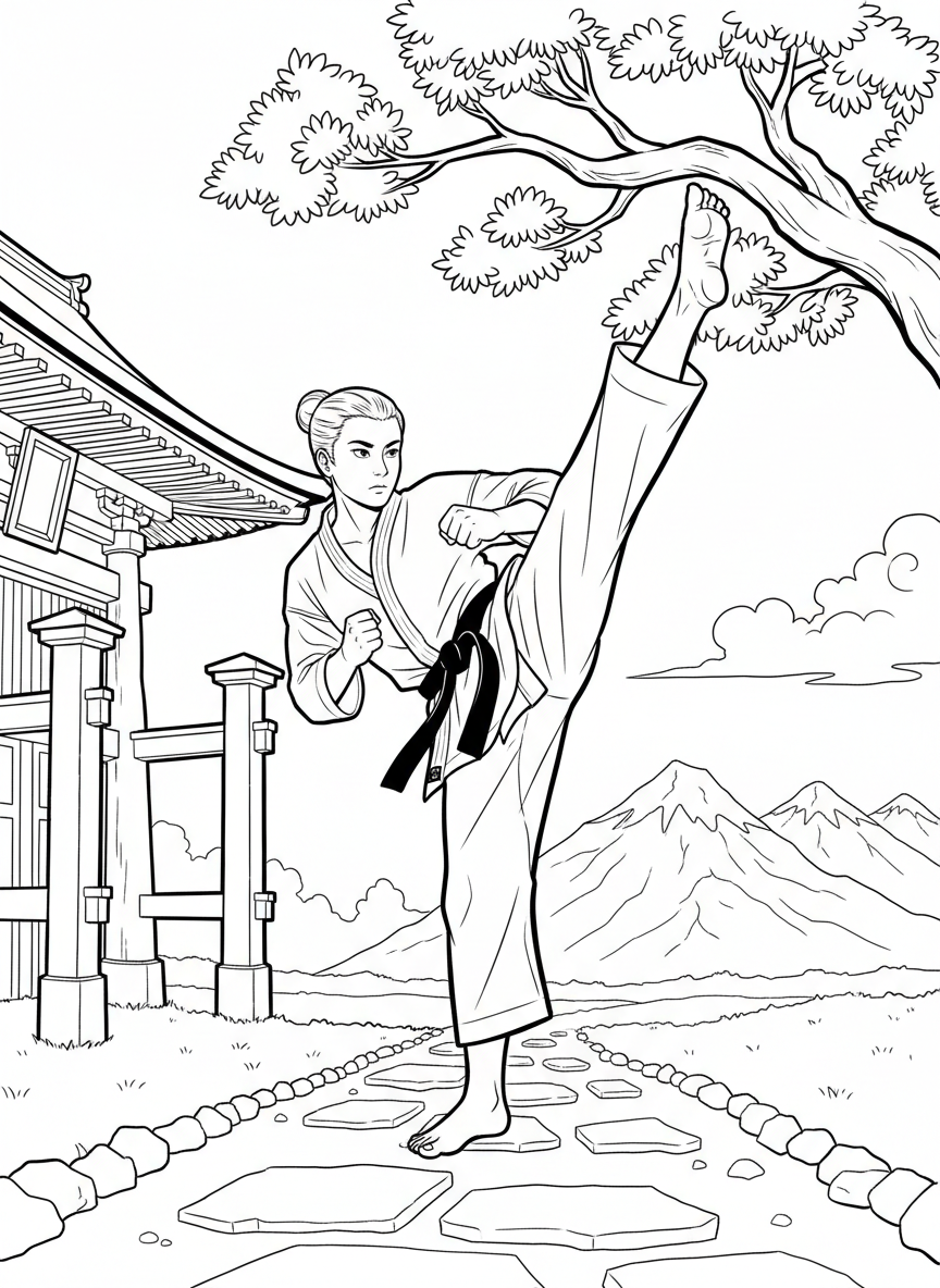 A karate student in a white gi performing a high kick, with a belt tied around the waist, martial arts action.