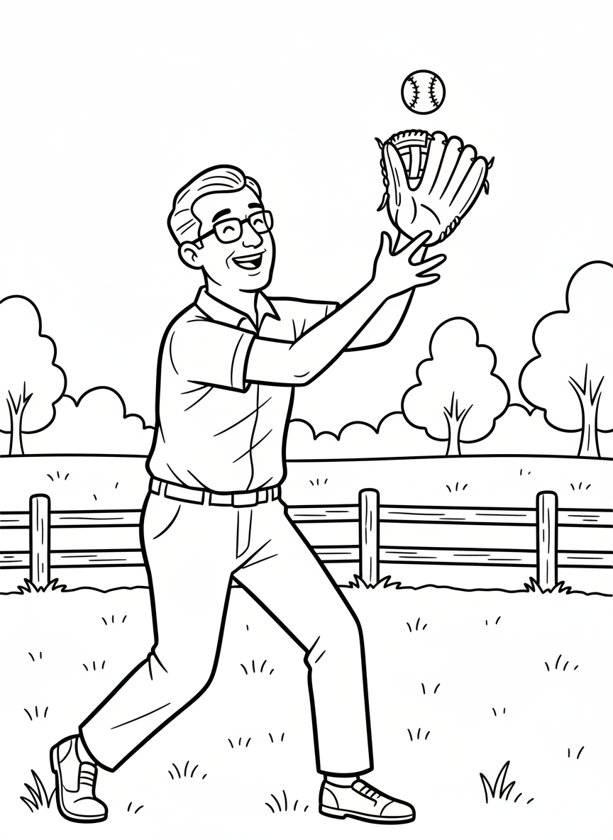 A dad playing catch with a baseball glove and ball in an open field with a fence in the distance