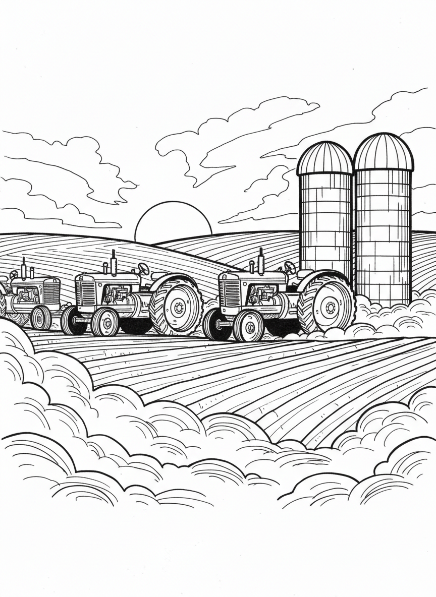A sunrise farm landscape with tractors parked beside fields, morning mist drifting across the ground, and silos standing in the distance.