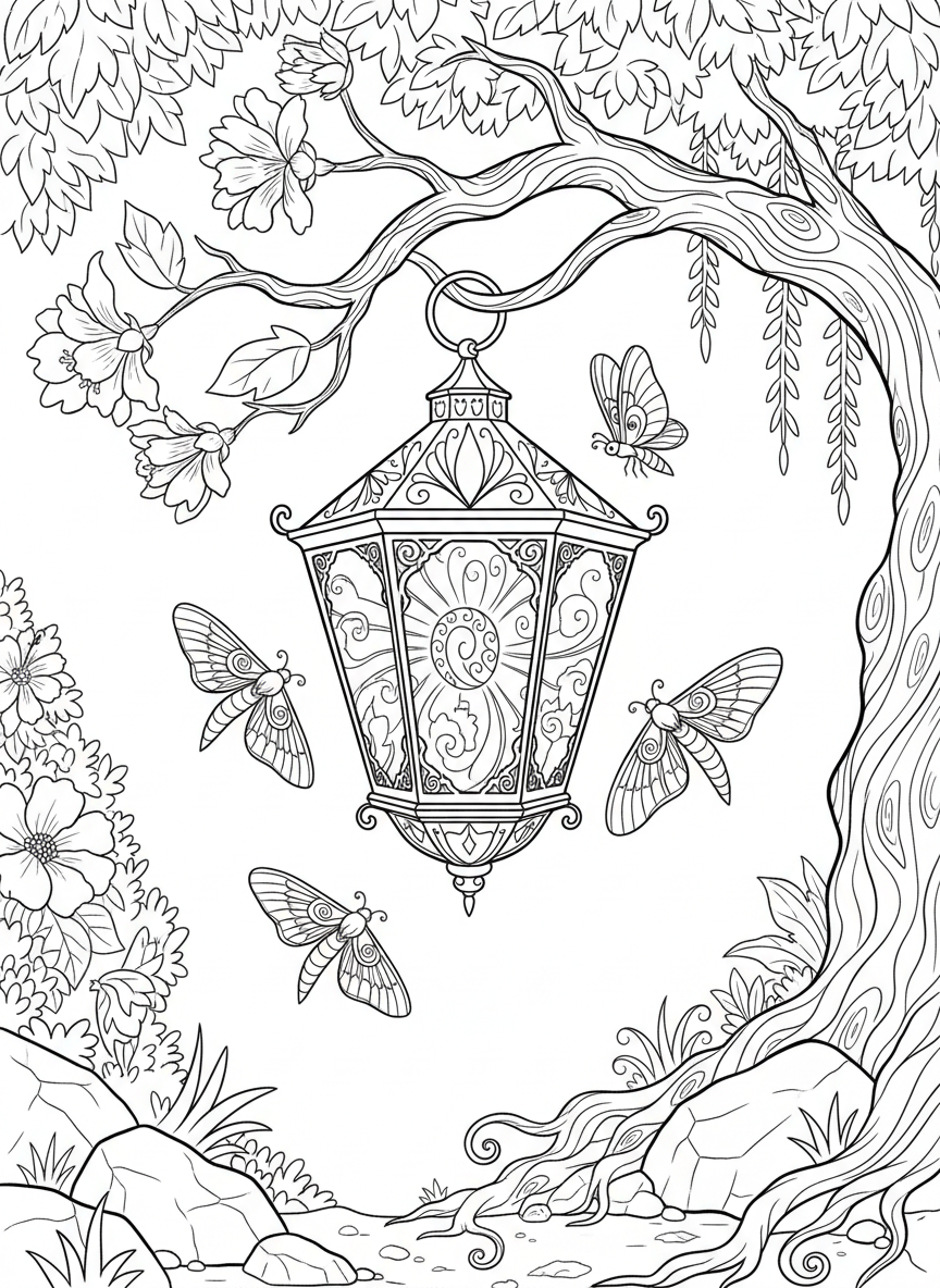 A magical lantern hanging from a curved tree branch, glowing with decorative patterns, surrounded by night-blooming flowers and moths