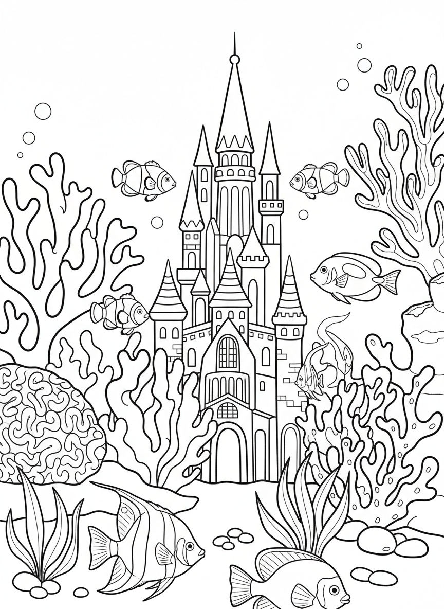 A tropical fish tank scene with multiple fish swimming among coral and castle decorations, detailed underwater environment.