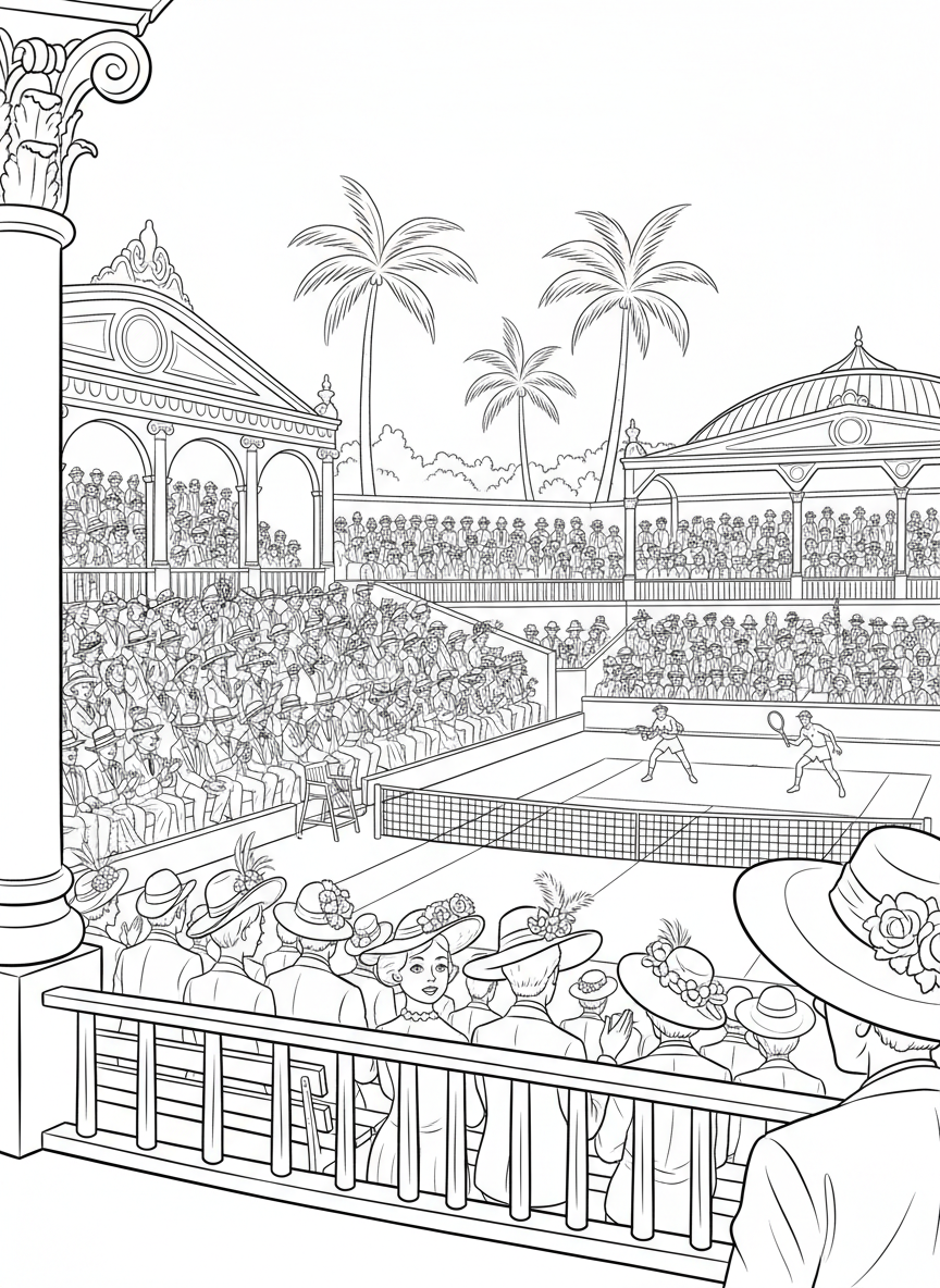 An elegant crowd wearing fancy hats watching from the stands at a tennis stadium, with detailed spectators to color.