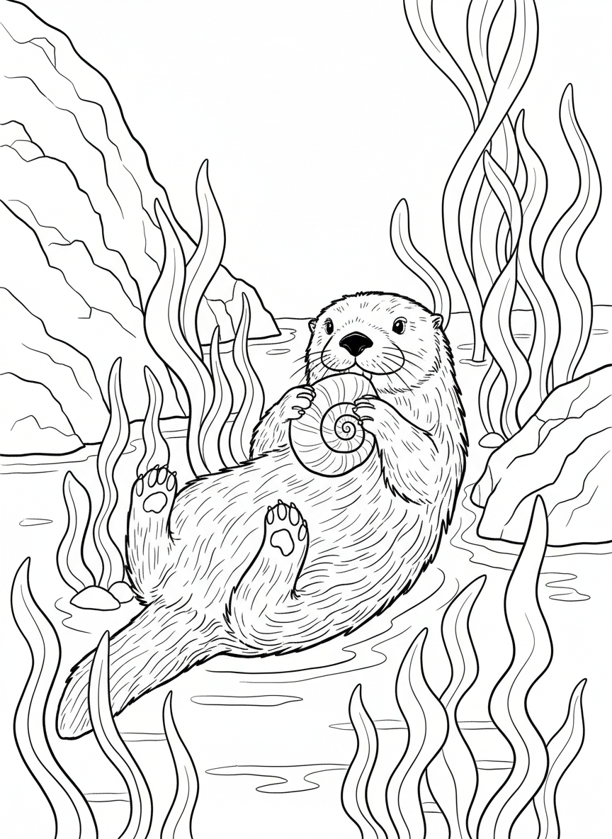 A sea otter floating on its back in the water holding a shell, with kelp forest around