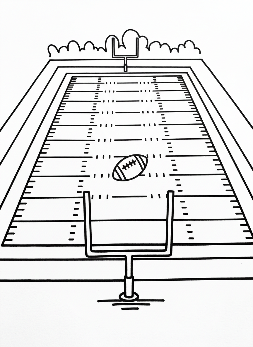 A football field from above showing yard lines, hash marks, and end zones with goal posts at each end, educational diagram style