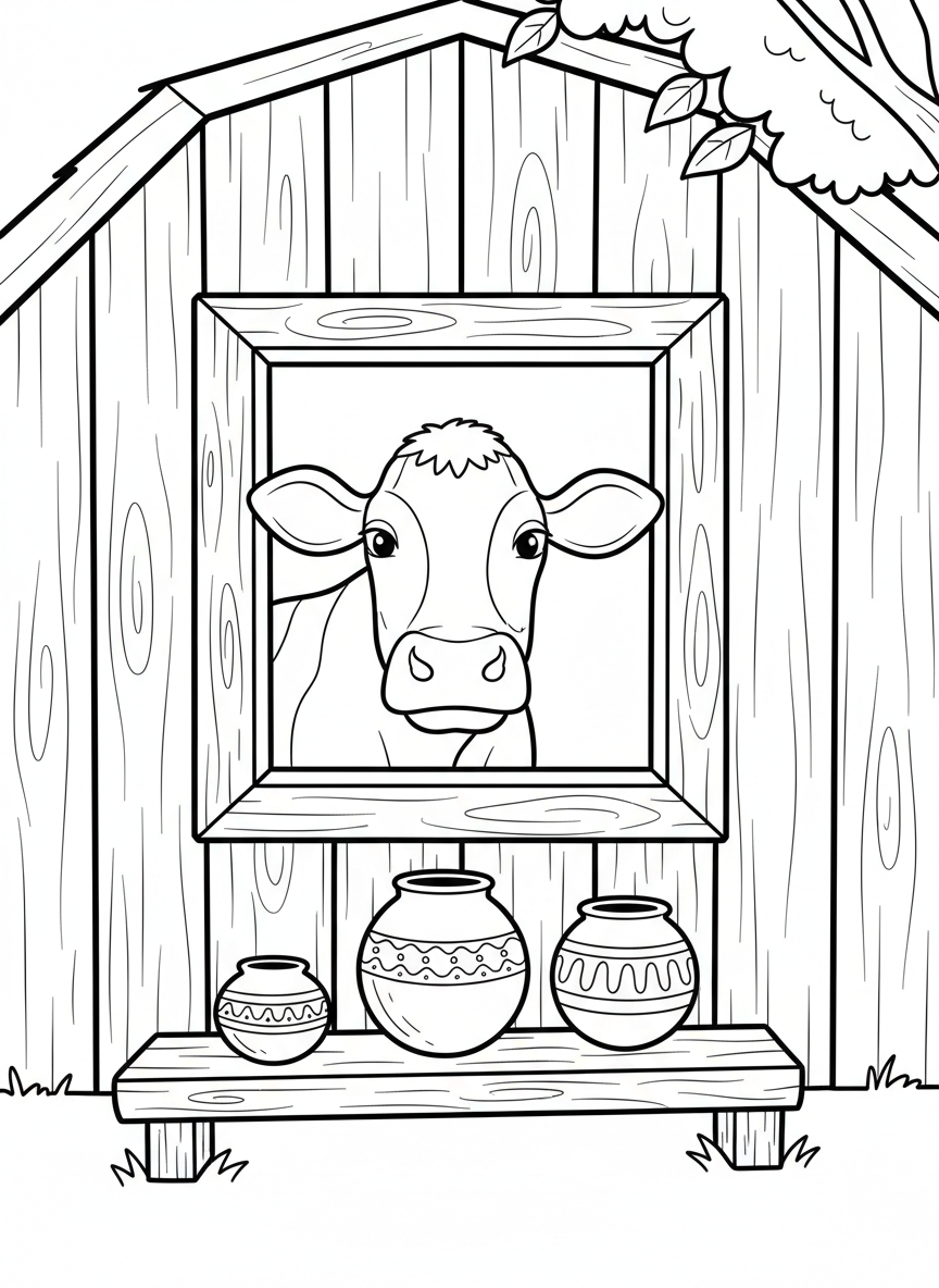 A friendly cow's face looking through a barn window with pottery planters on the windowsill, simple composition