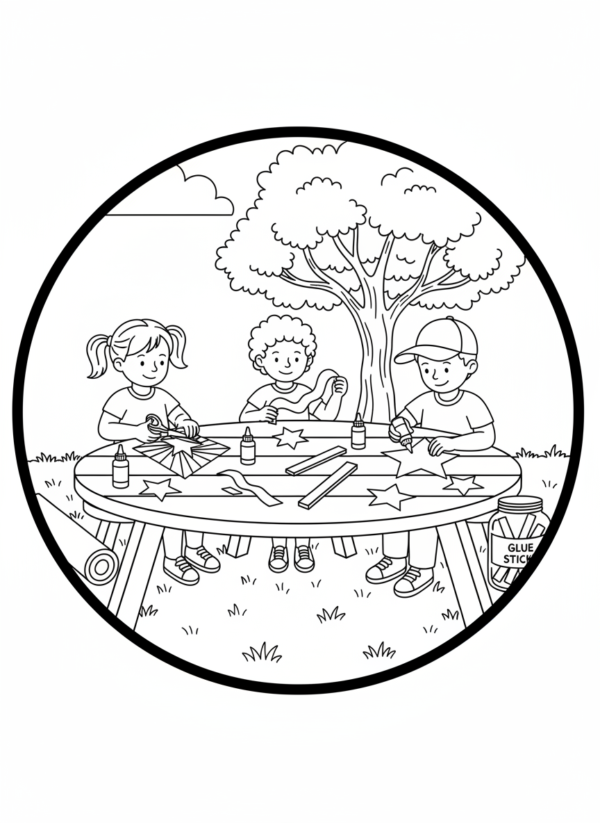 Children making patriotic crafts at a picnic table, cutting paper stars and stripes with safety scissors and glue.