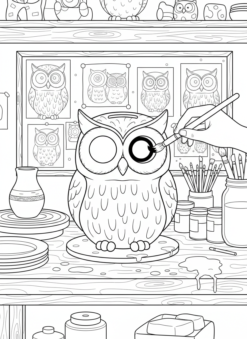 A pottery studio workspace showing a ceramic owl bank being painted with big eyes, surrounded by reference drawings and paint supplies.