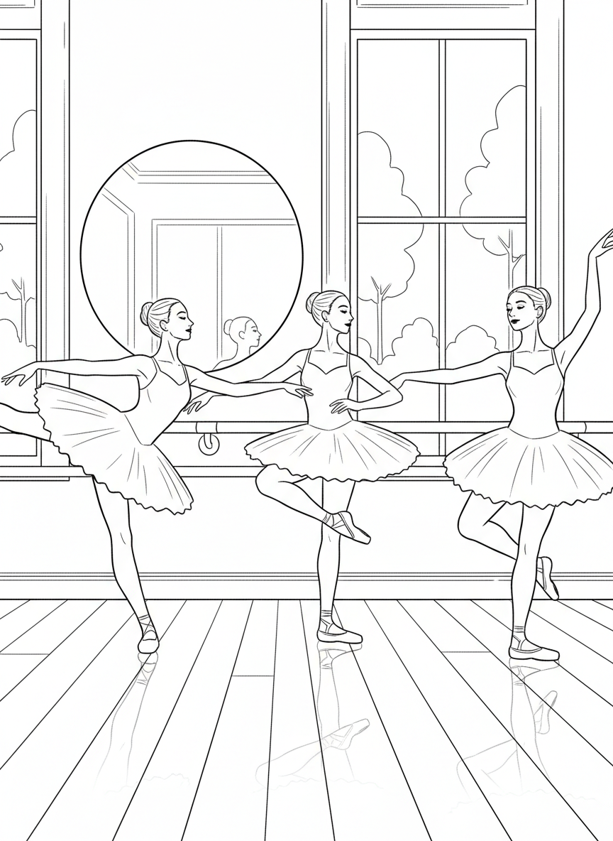 Three ballerinas practicing at the barre in a dance studio, each in a different graceful position.