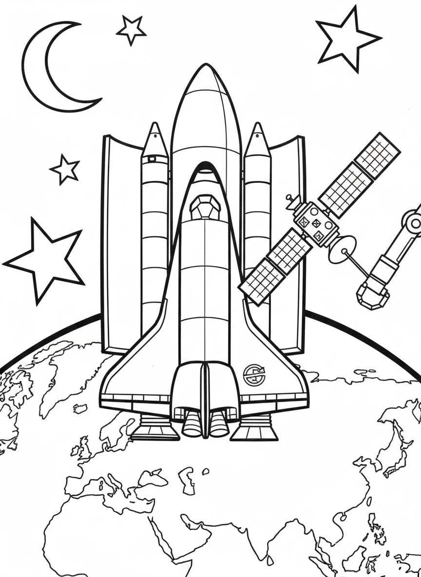 A space shuttle with open cargo bay doors releasing a satellite, Earth's curve visible below, technical details