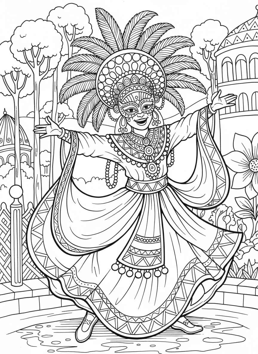 A smiling dancer wearing an elaborate feathered headdress with large plumes, beads, and a decorative mask, standing in a joyful pose with arms outstretched.