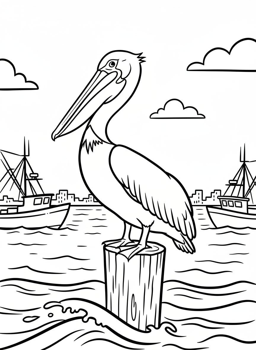 A pelican perched on a wooden pier post with fishing boats and the ocean in the background, coastal bird portrait