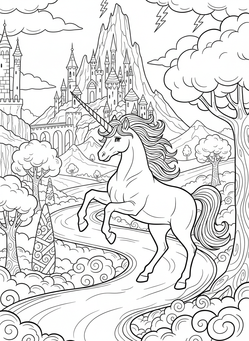 A unicorn prancing on a path made of clouds with a castle in the distant background, fantasy kingdom scene