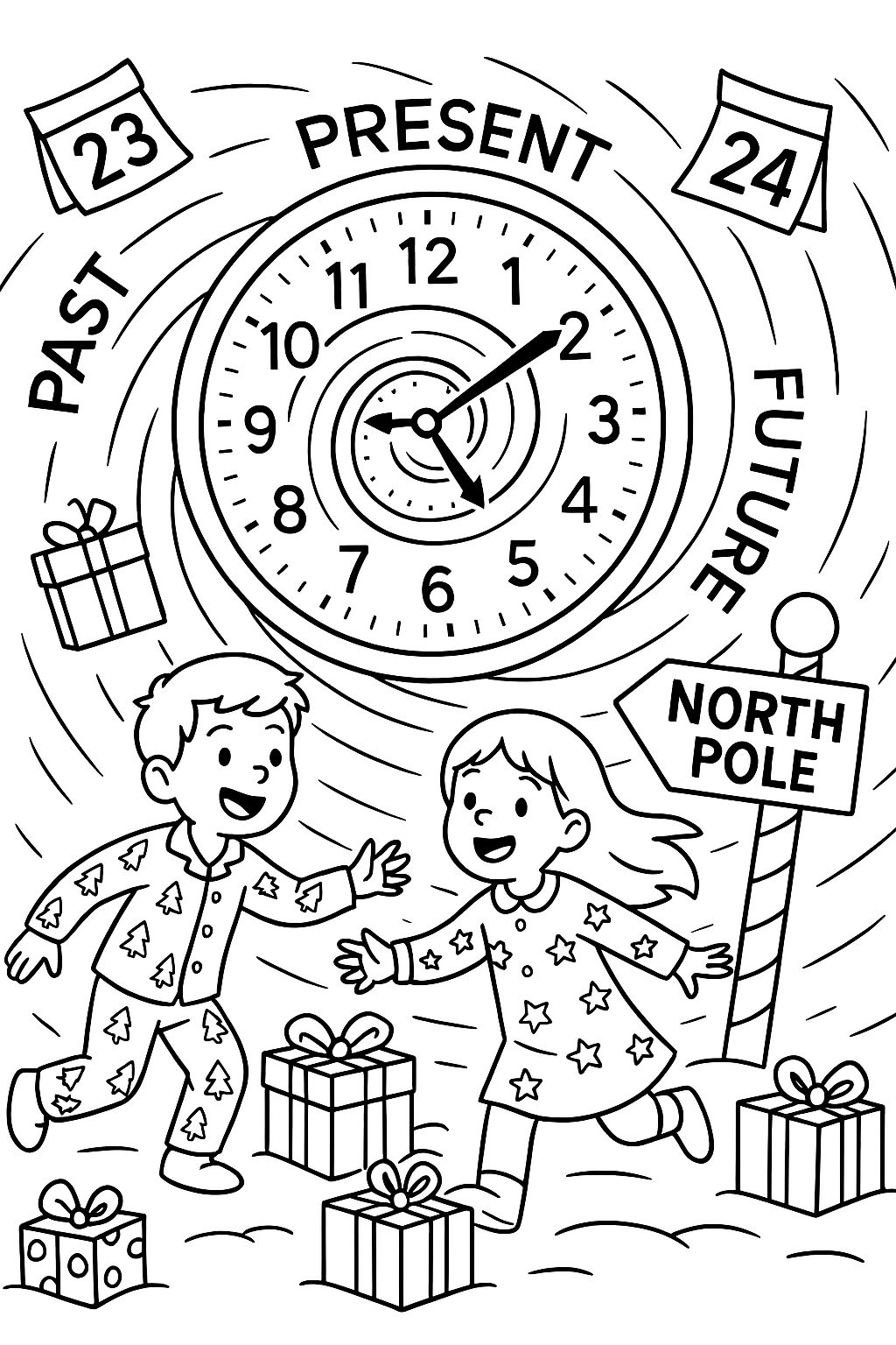 Kids in Christmas pajamas time-traveling to North Pole, swirling clock portal, past present future gifts, calendar pages flying, thick black outlines, magical bedtime adventure scene