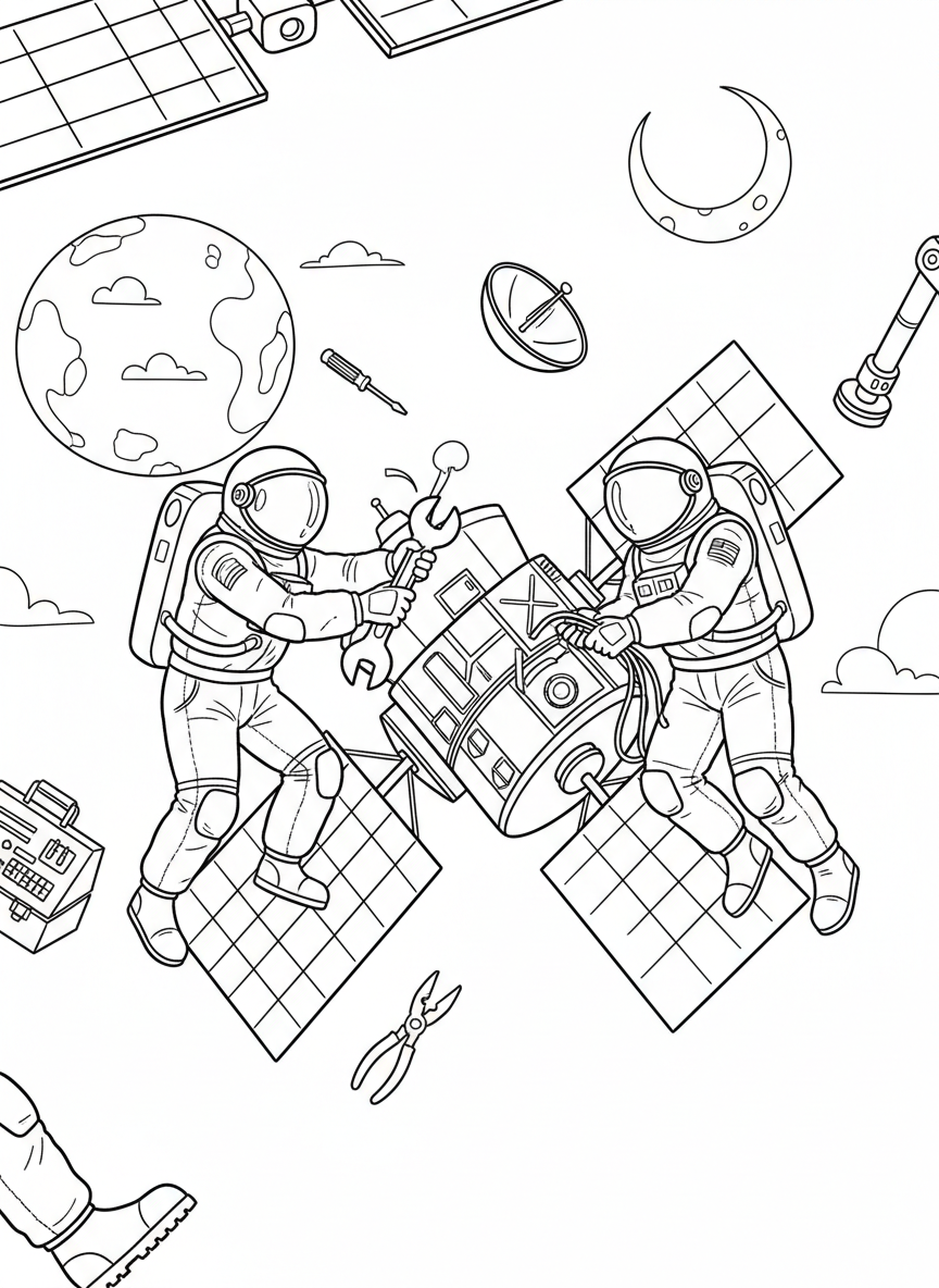 Two astronauts working together to repair a satellite in space, teamwork scene with tools and equipment floating nearby