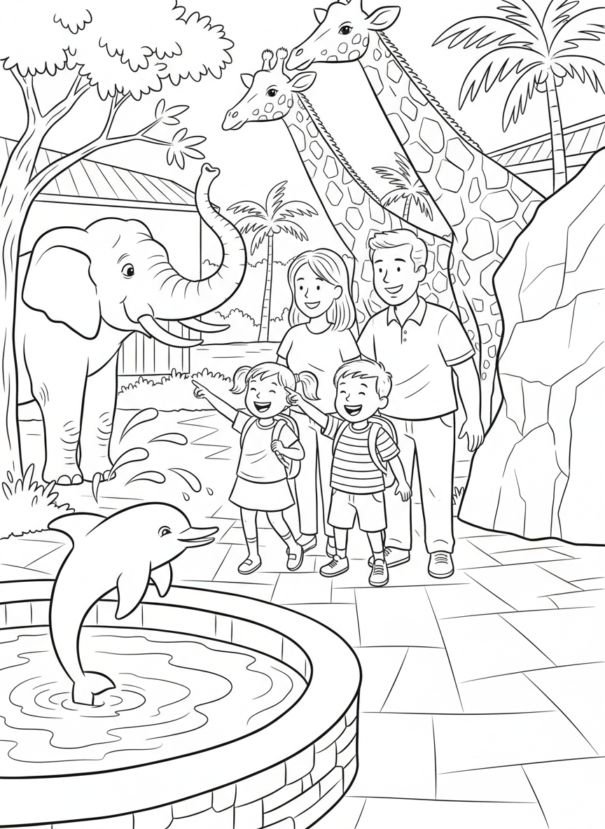 A family visiting the Indianapolis Zoo with giraffes, elephants, and a dolphin fountain, happy children pointing at animals.